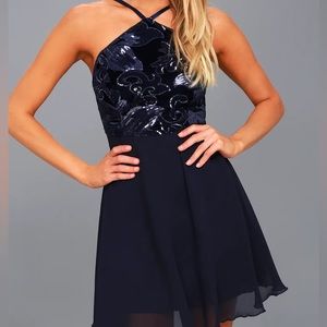 Lulus Time of Love Navy Blue Sequin Halter Skater Dress